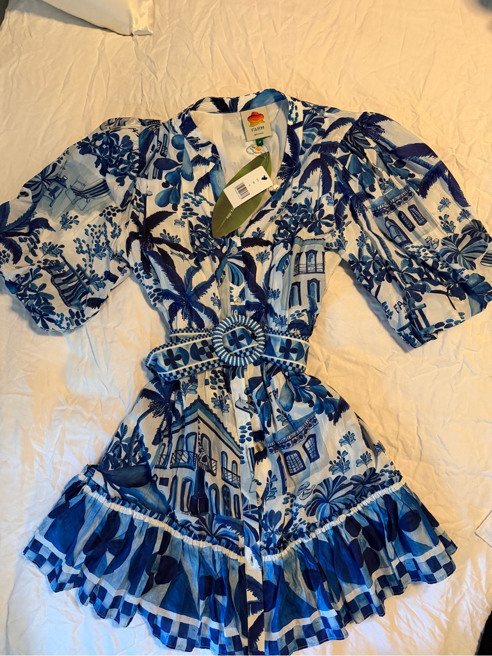 FARM Rio Blue and White Printed Puff-Sleeve Mini Dress NWT size M - Picture 3 of 6